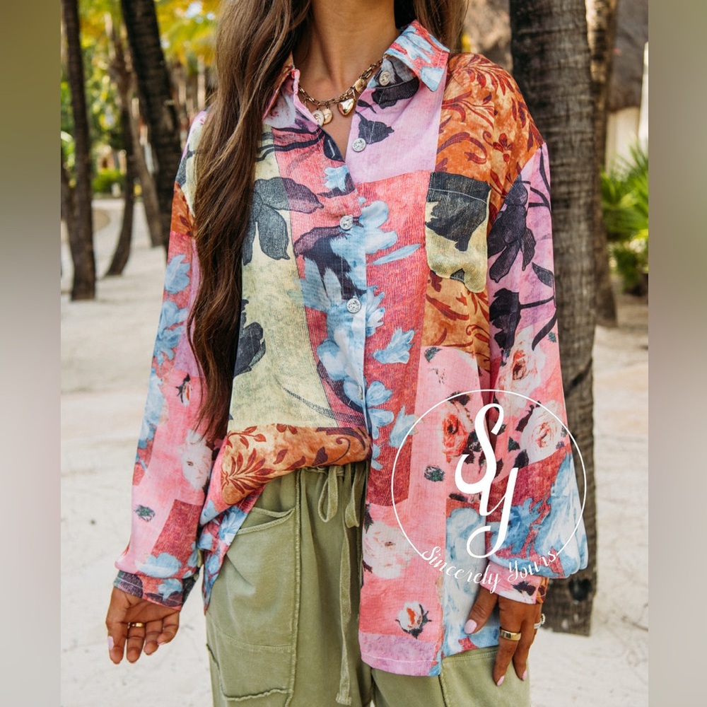 POL The Rose Patchwork Button-Down Top Large - image 1